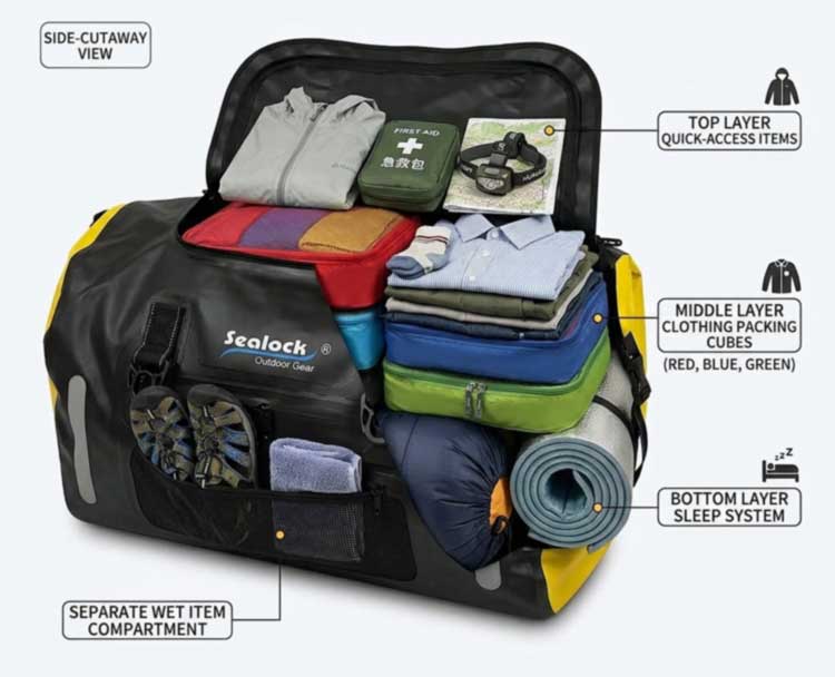 ຄວາມອາດສາມາດບັນຈຸຖົງ Duffel ກັນນ້ໍາ 60L ແລະຄໍາຮ້ອງສະຫມັກນອກ
