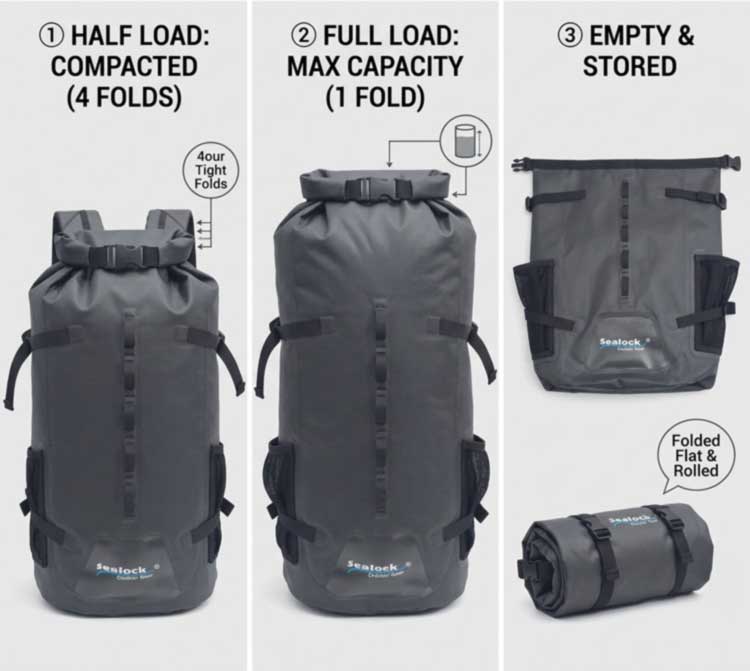 Roll Top Waterproof Backpack ປະສິດທິພາບກັນນ້ໍາແລະຄວາມຍືດຫຍຸ່ນການເກັບຮັກສາ