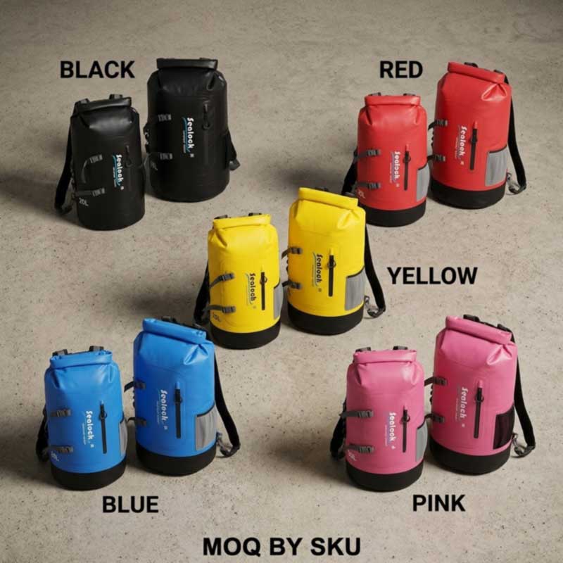 Wholesale waterproof backpack SKU matrix — colours and sizes, each a separate MOQ, organised for a bulk order